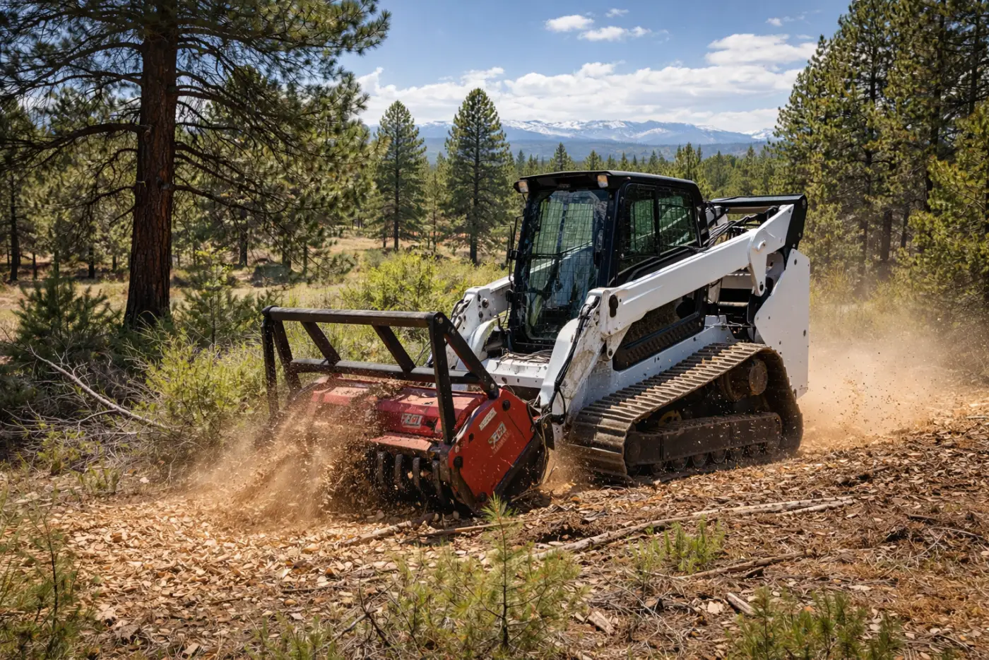Tracked forestry mulcher grinding brush in a Colorado ponderosa stand