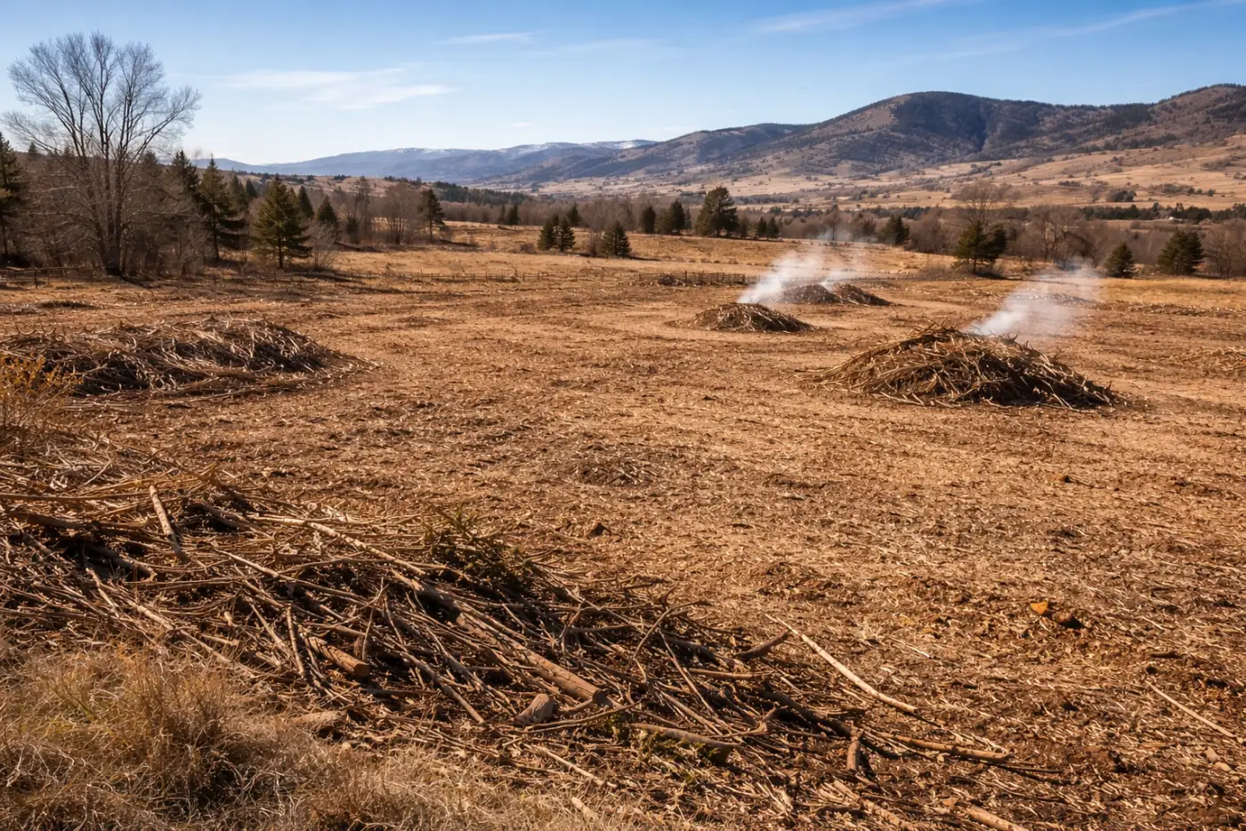 Cleared Colorado acreage with mulched ground and standing ponderosa pines left in place